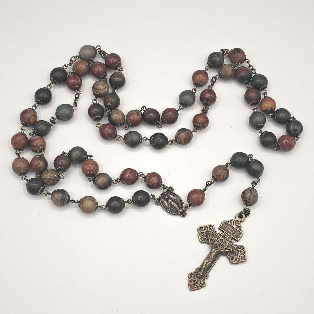 Rosary Necklace 26" Jasper Stone Beads Bronze Tone Crucifix Italy Pardon